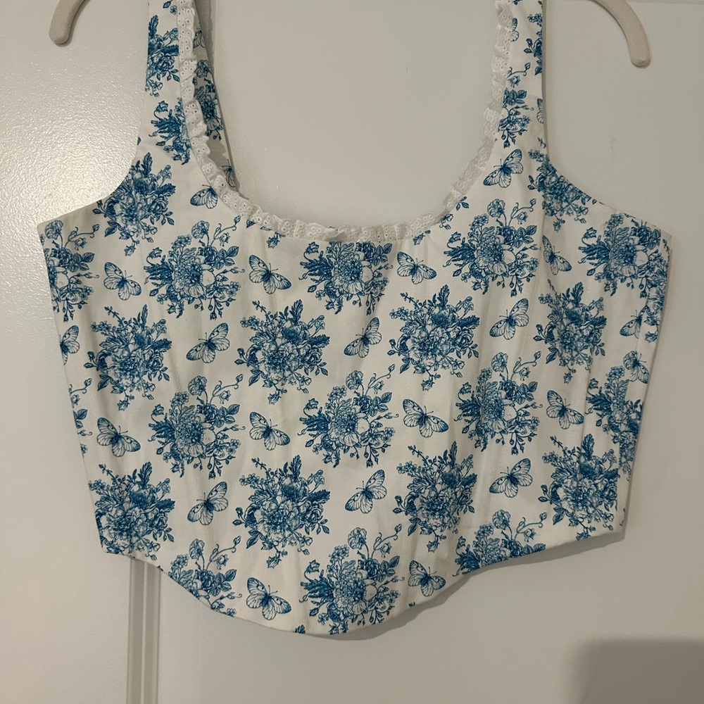 Blue and White Sleeveless Crop Top with Scoop Neck and Bustier Style